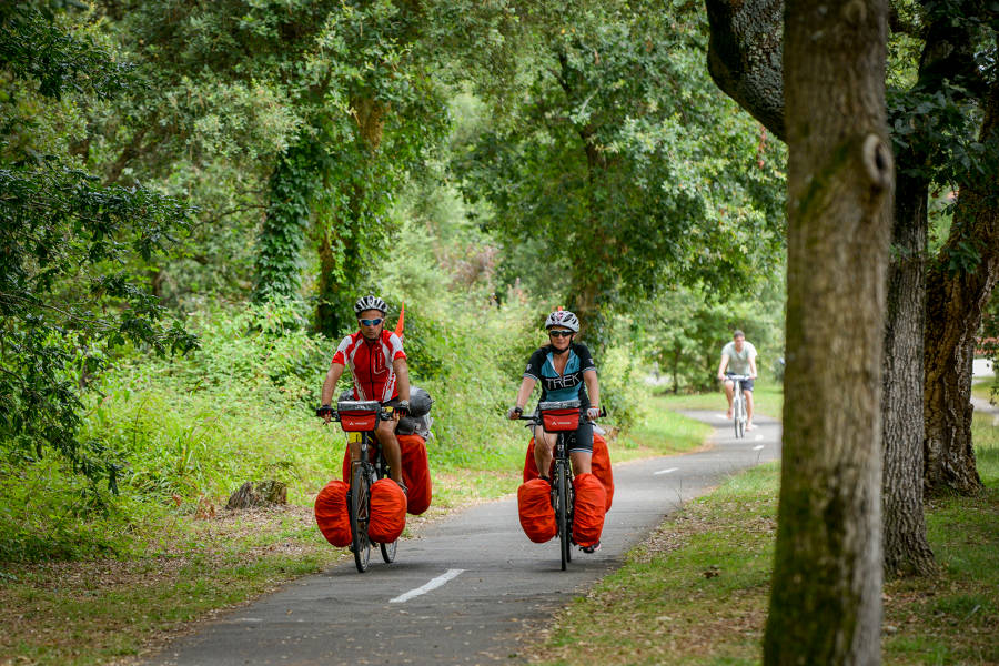 Two bike riders on La Vélodyssée in the Nouvelle Aquitaine region.